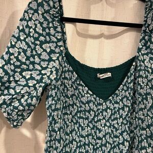 Abercrombie & Fitch Blue and White Ruched Smock Maxi Sundress, Puff Sleeves